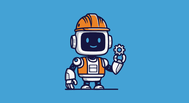 Cheerful cartoon robot with helmet holding wrench and gear.