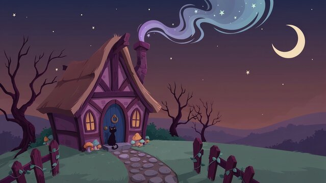 Whimsical witch's cottage under starry night sky with black cat
