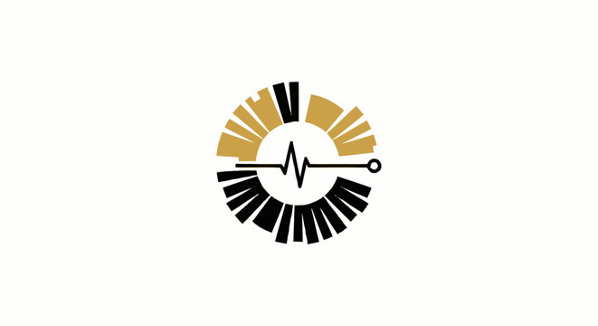 Circular music logo with piano keys and heartbeat pulse line vector illustration.
