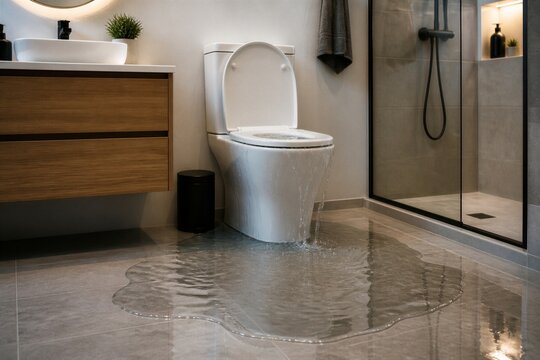 Water floods bathroom floor near toilet and shower stall. Toilet seat is up, water spreads across tile surface. Modern wooden vanity and dark towel hang nearby
