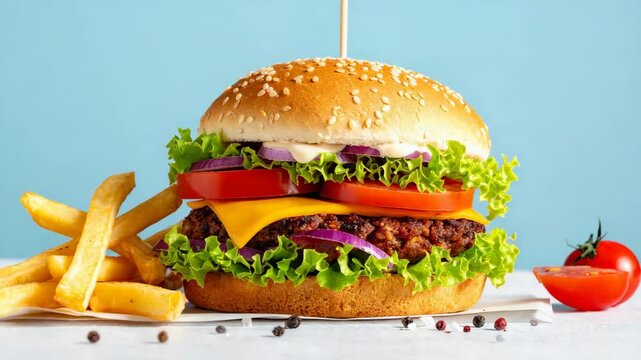 Delicious cheeseburger with crispy french fries on a blue background
