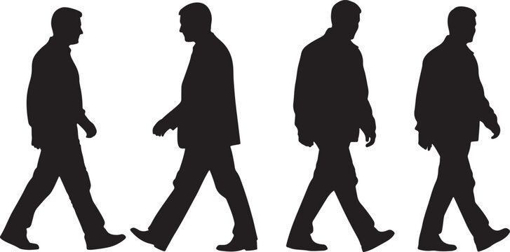 Silhouettes of four men walking in profile against a transparent background.