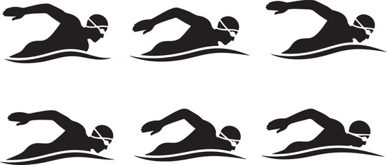 Obraz premium Silhouettes of swimmers performing freestyle stroke, athletic activity, pool or open water.