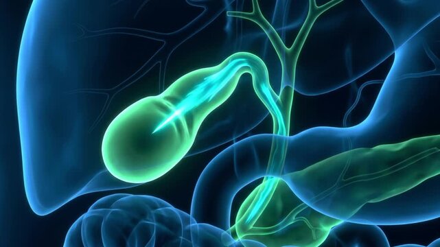 胆嚢の平滑筋収縮と胆嚢管への発光する胆汁排出を描く医療用抽象CGアニメーション