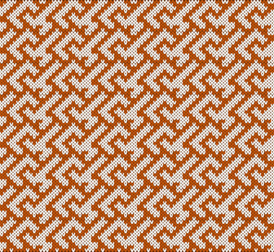 Seamless Nordic Knitting Pattern with Terracotta Geometric Maze Ornament