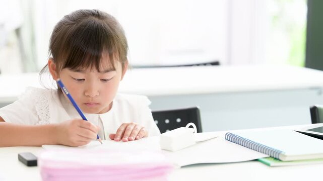 教室で計算ドリルに集中して取り組む幼稚園・小学生位の女の子・塾や学校、受験や勉強、学習のイメージ動画　単語帳を見る