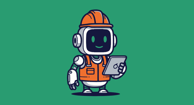 Cartoon Robot in Orange Construction Uniform Holding Clipboard.