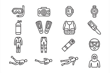 Marine Adventure Vector Icons with Dive Mask, Camera, Knife and Safety Vest © Icon Nest