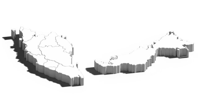 Malaysia 3D Isometric Map with State Boundaries, Perspective White Vector Illustration of Malaysian States