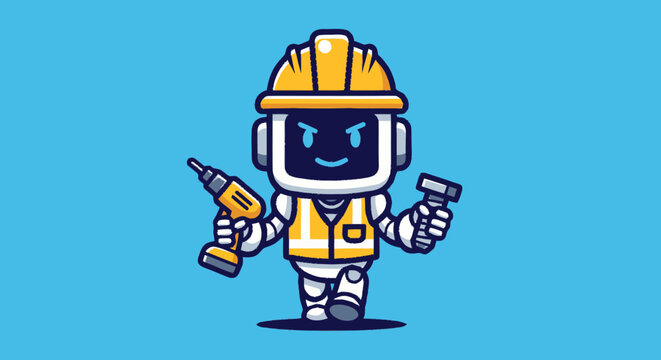 Cartoon Robot Worker with Drill and Wrench on Blue Background.