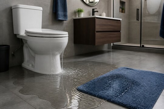 Water floods bathroom floor near toilet. Blue rug soaked, reflecting light. Shower area visible behind vanity. Modern fixtures show no signs of damage. Scene suggests recent leak or plumbing issue