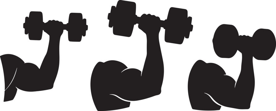 Strong muscular arm silhouettes holding heavy dumbbells for fitness gym branding and bodybuilding training icons.