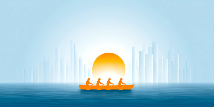 Vector illustration of four orange silhouette rowers in a boat heading toward a large glowing sun on a soft blue gradient background with a faint city skyline symbolizing team aspiration