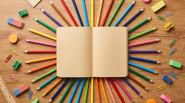 Colorful pencils arrayed around open blank notebook top view