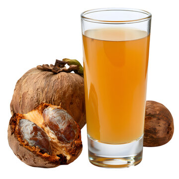 Freshly squeezed juice from ripe brown velvet apple fruit served in a tall clear glass cup presented alongside whole and halved exotic specimens on a clean bright white studio background