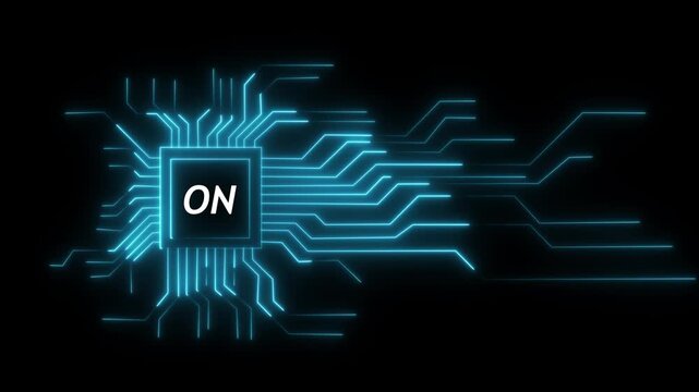Glowing neon technology circuit board with on text icon on black background and screen with green color. Neon line Circuit Board moving electrons Data Flow Loop Background Animation.