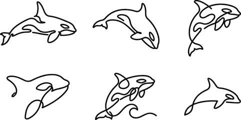 Continuous One Line Art Orca Killer Whale Vector Icon Set Featuring Minimalist Abstract Jumping Sea Mammals and Modern Marine Wildlife Logos © MdImran