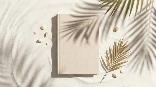 Blank book cover with tropical leaves and beach sand background