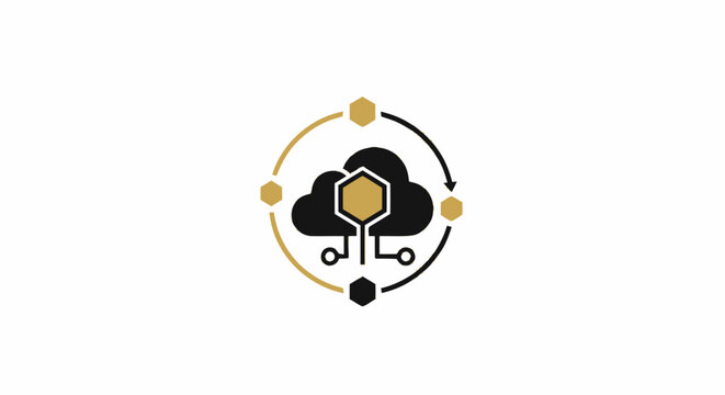 Cloud computing technology icon with circuit lines and circular arrows representing data synchronization and blockchain network.