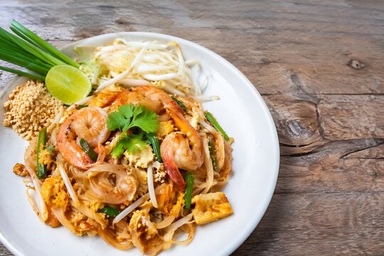 Delicious Shrimp Pad Thai with Rice Noodles Lime and Peanuts Asian Street Food