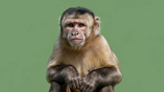 A contemplative capuchin monkey sitting quietly against a solid green backdrop