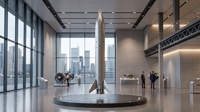A modern museum exhibit featuring a large silver rocket model on display in a spacious hall with cityscape views, sleek architecture, high ceilings, shiny floors, and visitors admiring the scene.