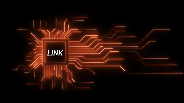 Glowing neon technology circuit board with link text icon on black background and screen with green color. Neon line Circuit Board moving electrons Data Flow Loop Background Animation.