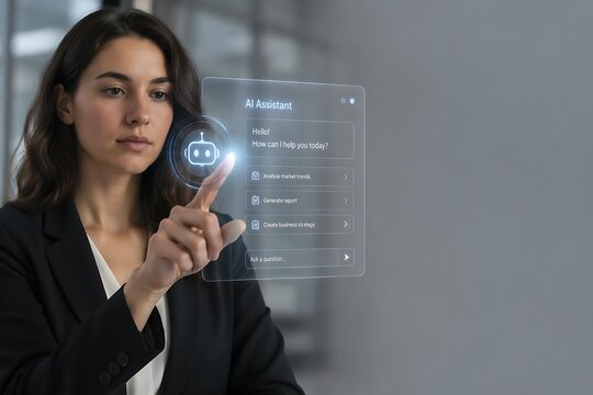Modern Business Executive Communicating with Artificial Intelligence Assistant in Contemporary Office