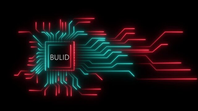 Neon bulid Circuit Board Technology Background Animation. Artificial Intelligence Chip with Glowing Circuit Lines concept. 4k video motion graphic