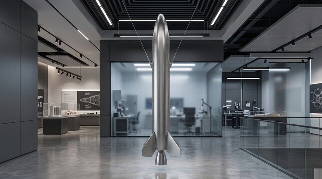 A sleek silver rocket model stands tall in a modern industrial office space with glass walls and polished floors.