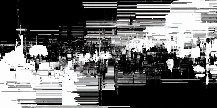 Abstract black and white city street glitch art background, distorted urban landscape with pixel sorting noise
