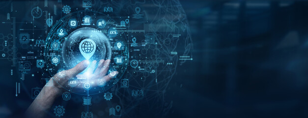 Detailed geographic mapping analysis structures require accurate spatial intelligence parameters. A cartography expert touch a data flow on global network GIS tools to map complex urban territories. © NexPix