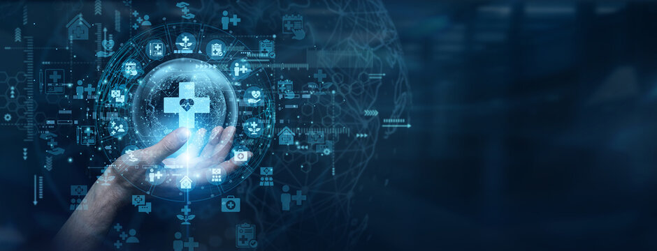 Unified patient information systems require completely confidential network protection. A medical technician touch a data flow on global network Healthcare channels to transmit vital diagnostics.