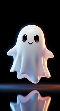 Cute happy ghost floating with reflections, dark background, playful spectral character
