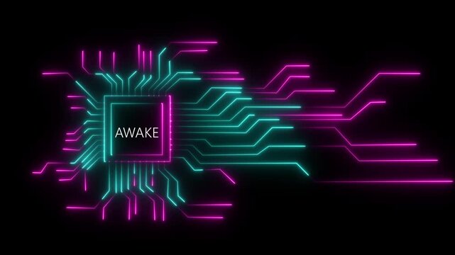 Neon awake Circuit Board Technology Background Animation. Artificial Intelligence Chip with Glowing Circuit Lines concept. 4k video motion graphic