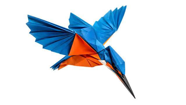 Origami Kingfisher in Diving Pose with Vivid Blue and Orange Paper Isolated Transparent PNG