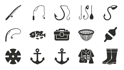 Fishing and Angling Icon Set with Hooks, Rod, Fish, Net, Tackle Box, Anchor, Boots and Life Jacket © LUBNA