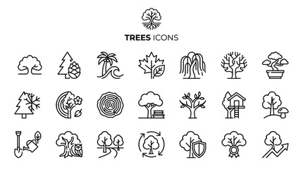 Fototapeta premium Trees icons collection featuring various foliage shapes and nature forest symbols. Set includes coniferous, bonsai, oak, willow, and ecology elements for environment design projects.