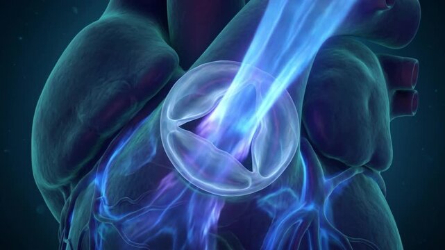 心臓の大動脈弁の開閉と発光する血流の拍出を描いた医療用抽象CGアニメーション