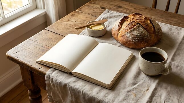 Open book and bread on rustic table with coffee and butter