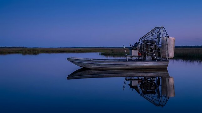 An airboat floating calmly on a glassy mirror-like swamp surface under a deep blue twilight sky with a perfect reflection captured in the wetlands scenery