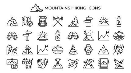 Fototapeta premium Mountains hiking icons collection featuring map, backpack, tent, compass, and binoculars symbols. Black linear vector illustrations for travel, nature, climbing, and expedition design projects.