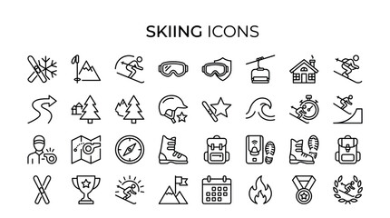 Fototapeta premium Skiing icons collection featuring line art symbols of skiers, gear, resort buildings, and mountains for winter sports design, vacation, equipment, travel, and adventure themes.