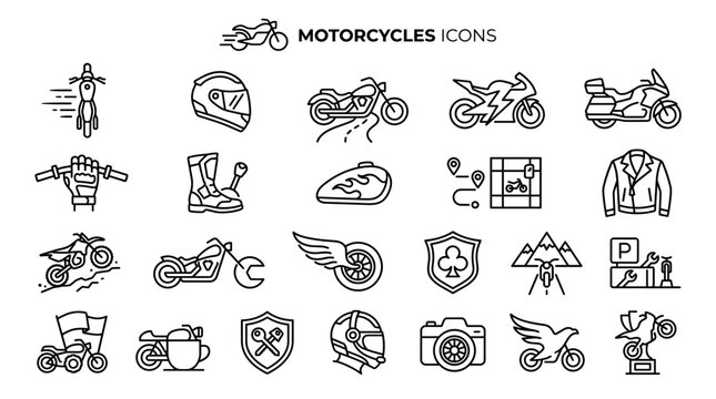 Motorcycles icons collection featuring biking accessories, helmets, and gear symbols. This set displays various vehicles, protective clothing, maps, and travel equipment for riders.