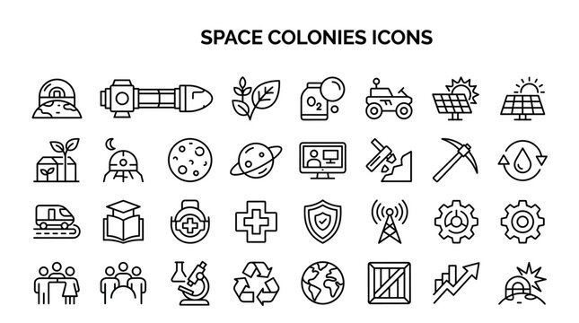 Space colonies collection of line art icons showing equipment, panels, rovers, and buildings. These symbols represent science, technology, mining, and sustainability concepts for space travel.