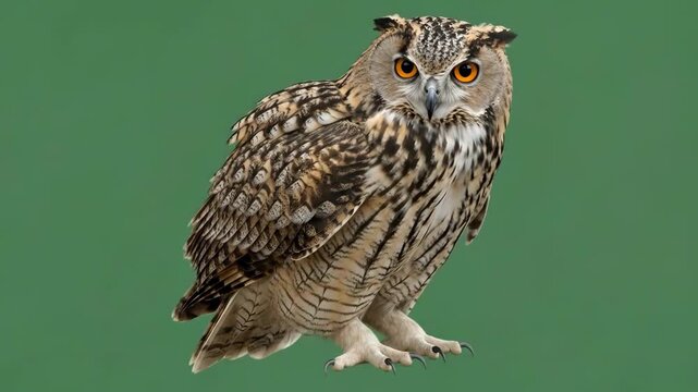 A close up profile view of an eagle owl standing against a green background