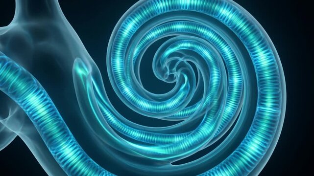 内耳の蝸牛における音響エネルギーの流体力学的な伝播を描いた医療用抽象CGアニメーション