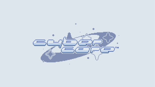 Y2K Style Typography Sing of 'Cybercore' with Abstract Orbit Circle in Blue Color Tone, Pixel Art Style