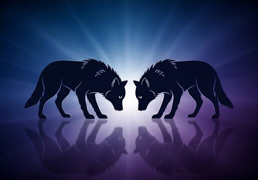Two silhouette wolves facing each other, dramatic lighting, abstract background, animal encounter