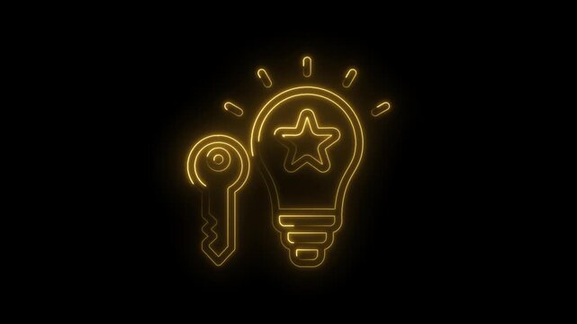 Glowing golden neon key and lightbulb with star icon symbolizing innovation success breakthrough
